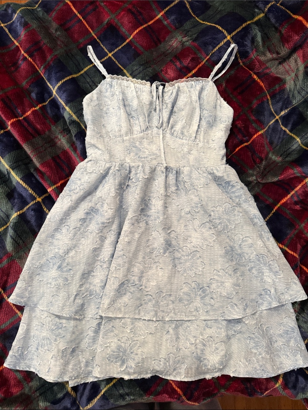 Light Blue Floral Lace Tiered Spaghetti-Strap Dress